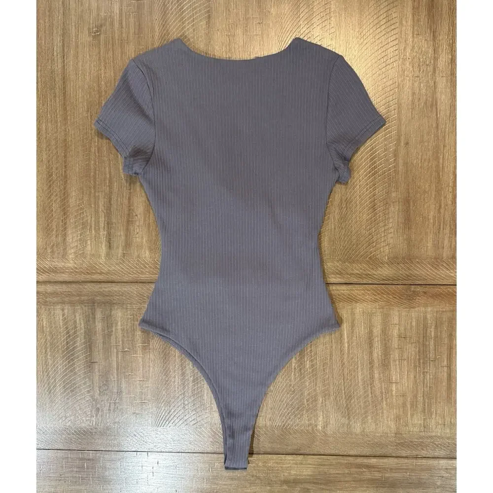 NWT PRINCESS POLLY Nicola Bodysuit Slate Gray Ribbed Criss Cross Thong Stretch 8 - Picture 14 of 16